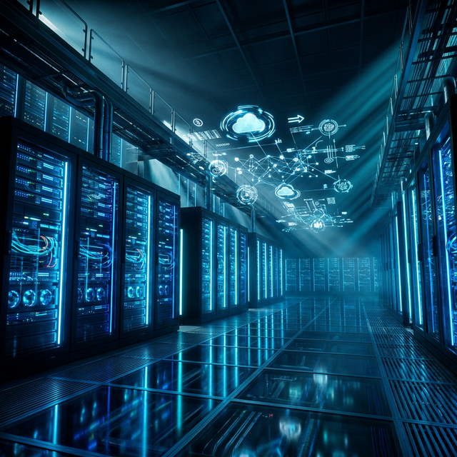 Centro de datos moderno con iluminación azul